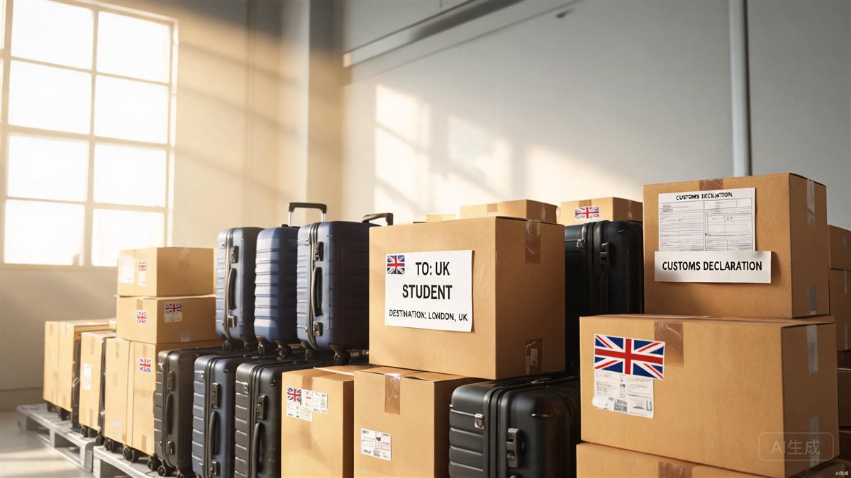 英国留学寄件政策示意图：留学生行李包裹集运纸箱装车场景
